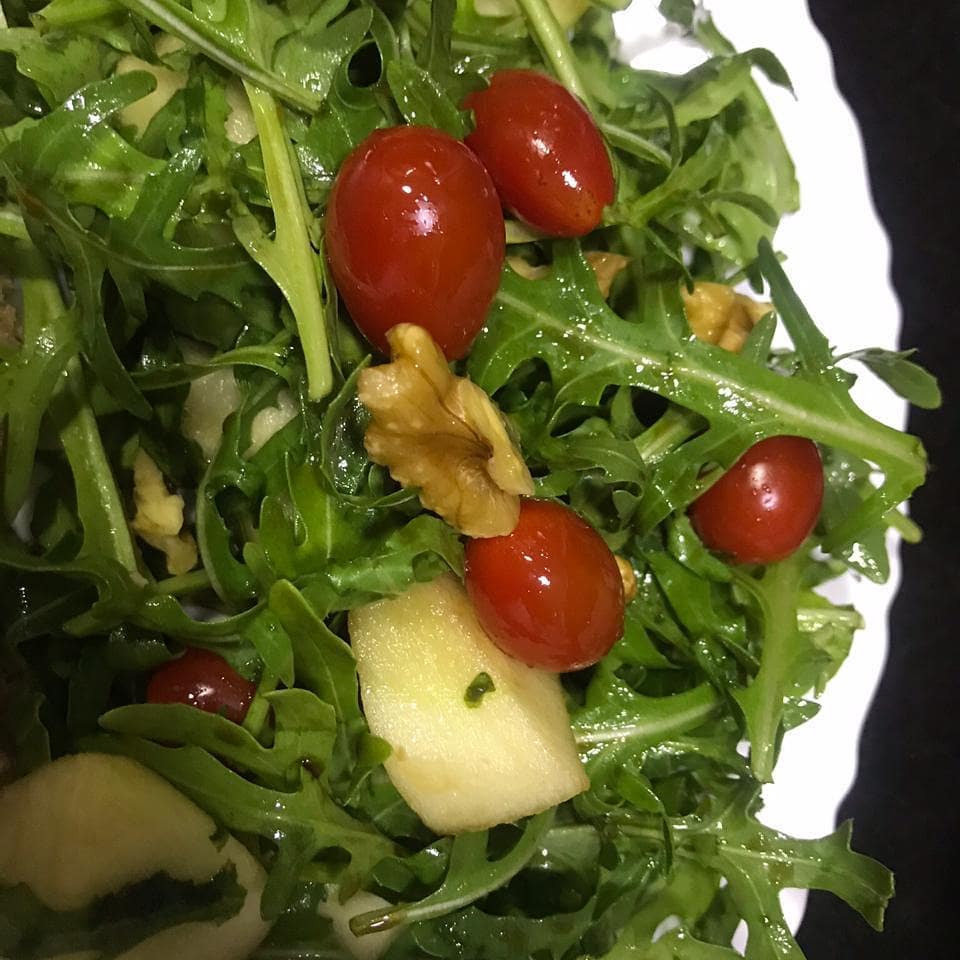 Local organic salad rocket cherry tomatoes, apple walnuts, and extra virgin olive oil and balsamic by @marilenadubai